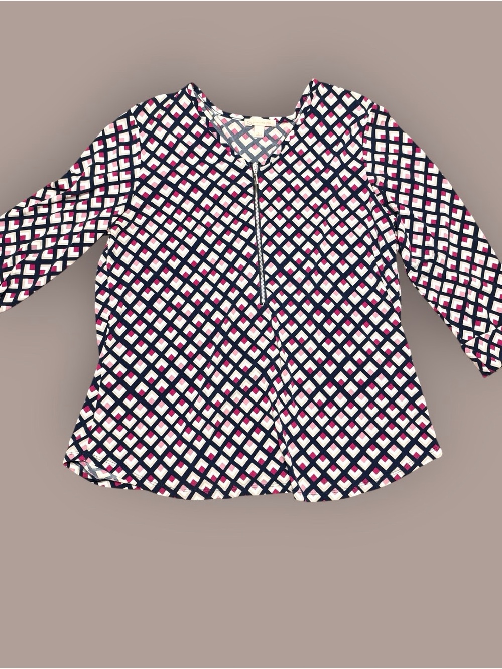 Christopher & Banks Geometric Zip Neck Top L Navy Pink 3/4 Sleeve